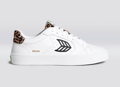 SALVAS White Leather Black Logo Leopard Print Sneaker