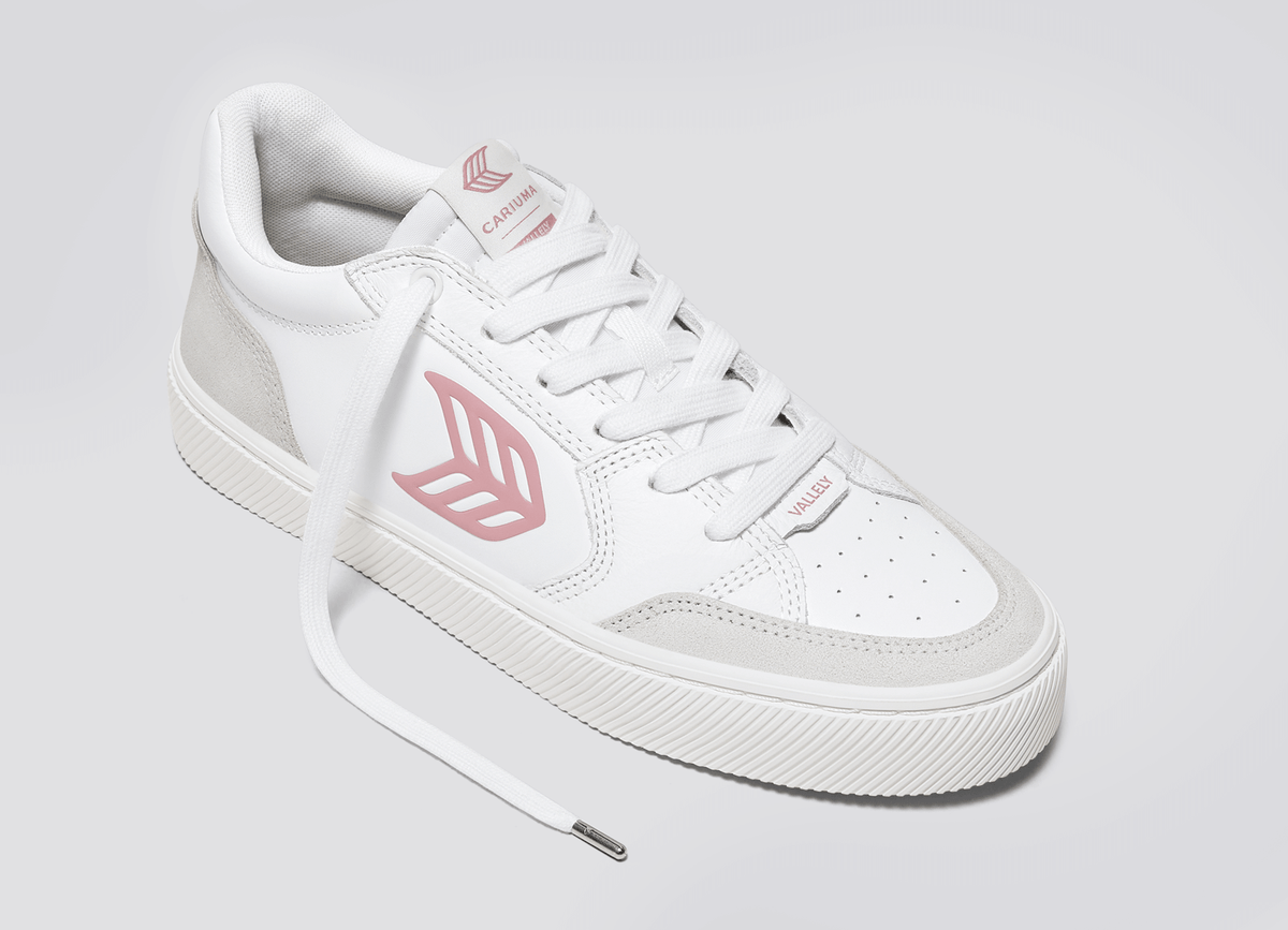 VALLELY White Leather Vintage White Suede Blush Pink Logo Sneaker